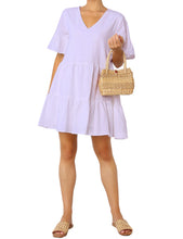 Load image into Gallery viewer, FANCYINN Women’s Cute Shift Dress with Pockets Bell Sleeve Ruffle Hem V Neck Loose Swing Tunic Mini Dress
