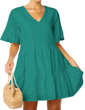 Load image into Gallery viewer, FANCYINN Women’s Cute Shift Dress with Pockets Bell Sleeve Ruffle Hem V Neck Loose Swing Tunic Mini Dress
