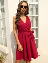 Load image into Gallery viewer, FANCYINN Womens Wrap Dress Sleeveless A-Line V-Neck Cocktail Swing Dresses with Pockets and Belt
