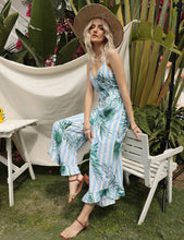 Load image into Gallery viewer, FANCYINN Womens Floral Loose Jumpsuits Rompers Spaghetti Strap Deep V Wide Leg Pants Ruffled Irregular Hem Summer Casual
