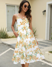 Load image into Gallery viewer, FANCYINN Womens Striped Backless Mermaid Dress Cap Sleeves A Line Fit and Flare Midi Casual Dresses with Belt
