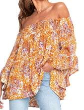 Load image into Gallery viewer, FANCYINN Womens Smocked Off Shoulder Top 3/4 Lace Patchwork Flared Sleeves Floral Ruffles Blouse

