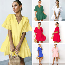 Load image into Gallery viewer, FANCYINN Women’s Cute Shift Dress with Pockets Bell Sleeve Ruffle Hem V Neck Loose Swing Tunic Mini Dress
