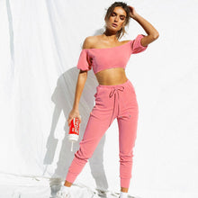 Load image into Gallery viewer, Women Off Shoulder 2 Pieces Outfits Tracksuit Strapless Crop Tops Sweatpants Set
