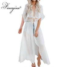 Load image into Gallery viewer, FANCYINN Womens Long Lace Cover up Sheer Bikini Coverups Kimono Tie Front Bathing Suit Swimsuit Beachwear
