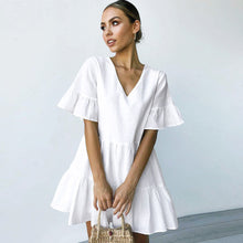 Load image into Gallery viewer, FANCYINN Women’s Cute Shift Dress with Pockets Bell Sleeve Ruffle Hem V Neck Loose Swing Tunic Mini Dress
