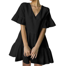 Load image into Gallery viewer, FANCYINN Women’s Cute Shift Dress with Pockets Bell Sleeve Ruffle Hem V Neck Loose Swing Tunic Mini Dress
