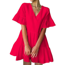 Load image into Gallery viewer, FANCYINN Women’s Cute Shift Dress with Pockets Bell Sleeve Ruffle Hem V Neck Loose Swing Tunic Mini Dress
