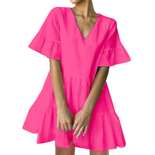 Load image into Gallery viewer, FANCYINN Women’s Cute Shift Dress with Pockets Bell Sleeve Ruffle Hem V Neck Loose Swing Tunic Mini Dress
