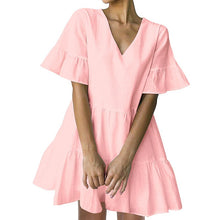 Load image into Gallery viewer, FANCYINN Women’s Cute Shift Dress with Pockets Bell Sleeve Ruffle Hem V Neck Loose Swing Tunic Mini Dress

