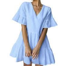 Load image into Gallery viewer, FANCYINN Women’s Cute Shift Dress with Pockets Bell Sleeve Ruffle Hem V Neck Loose Swing Tunic Mini Dress
