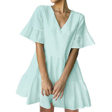 Load image into Gallery viewer, FANCYINN Women’s Cute Shift Dress with Pockets Bell Sleeve Ruffle Hem V Neck Loose Swing Tunic Mini Dress
