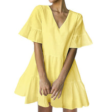 Load image into Gallery viewer, FANCYINN Women’s Cute Shift Dress with Pockets Bell Sleeve Ruffle Hem V Neck Loose Swing Tunic Mini Dress
