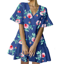 Load image into Gallery viewer, FANCYINN Women’s Cute Shift Dress with Pockets Bell Sleeve Ruffle Hem V Neck Loose Swing Tunic Mini Dress
