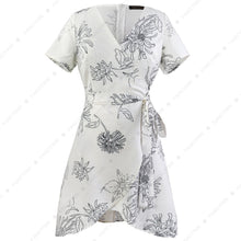 Load image into Gallery viewer, Women&#39;s Deep V Neck Short Sleeve Floral Prints Crossover Belted Midi Wrap Dress
