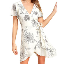 Load image into Gallery viewer, Women&#39;s Deep V Neck Short Sleeve Floral Prints Crossover Belted Midi Wrap Dress
