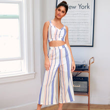 Load image into Gallery viewer, Women 2 Piece Striped Outfits Tie Back Crop Cami Top Wide Leg Pants 2 Pcs Set

