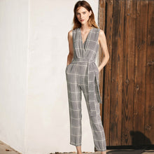 Load image into Gallery viewer, Women&#39;s Cross V Neck Sleeveless Plaid Wrap Long Jumpsuit Rompers With Pockets
