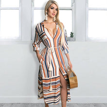 Load image into Gallery viewer, Womens Button Down Roll up Sleeve Stripes Patchwork Split Midi Dress with Pocket

